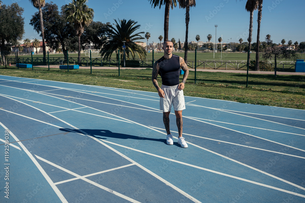 Man with tattoos standing on a sunny track with palm trees in the background Man with tattoos standing on a sunny track with palm trees in the background