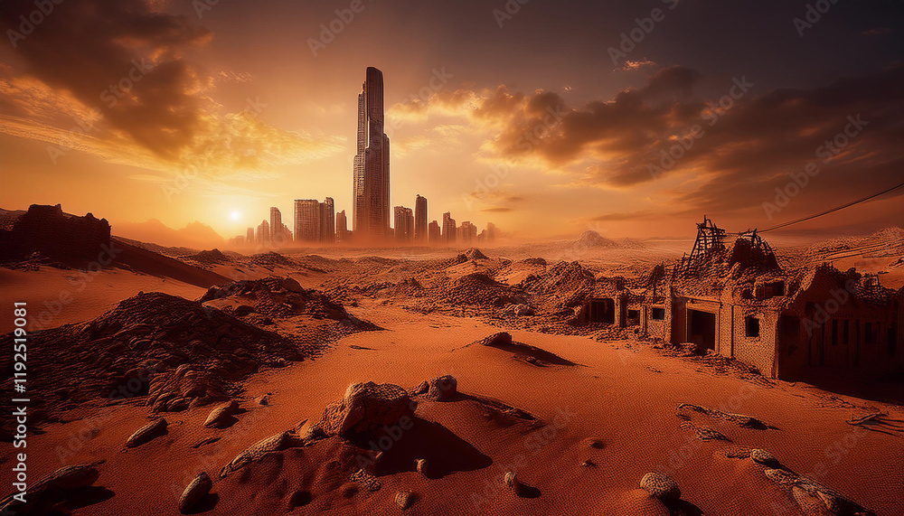 Post apocalyptic desert with ruined city skyscraper in distance. Abandoned, survival landscape