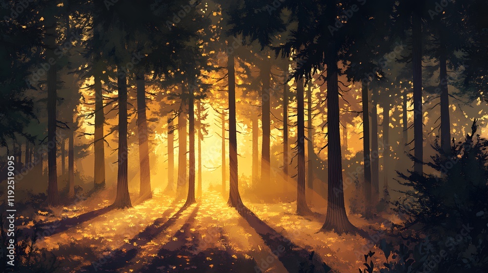 Fototapeta premium Golden Sunlight Illuminates a Forest Path