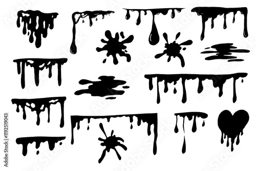 Paint drip splatter, liquid stain fluid ink droplet. Graffiti splash black melt. Paint flows, melt spray border. 