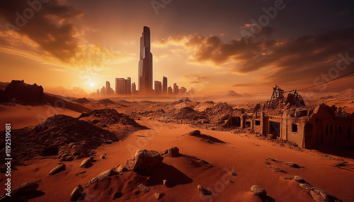 Obraz na płótnie Post apocalyptic desert with ruined city skyscraper in distance. Abandoned, survival landscape w salonie