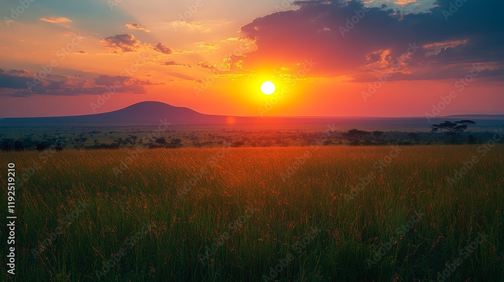 Fototapeta premium Stunning sunset over endless grasslands with vibrant colors in the sky