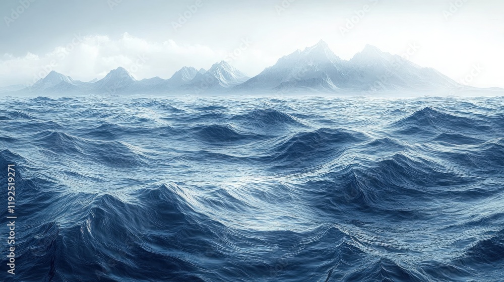 Vast Ocean Waves Gently Rolling Towards Distant Mountains Under a Cloudy Sky, Evoking Serenity and Natural Beauty in a Tranquil Seascape Vast Ocean Waves Gently Rolling Towards Distant Mountains Under a Cloudy Sky, Evoking Serenity and Natural Beauty in a Tranquil Seascape