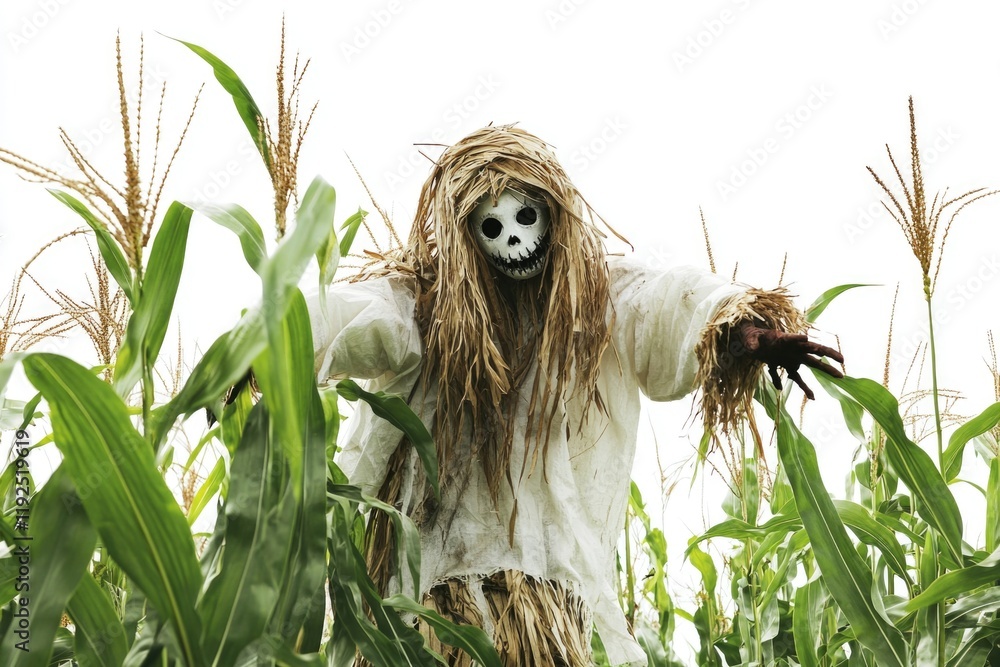 Obraz premium A lone scarecrow stands amidst a field of tall corn, ready to protect the crops