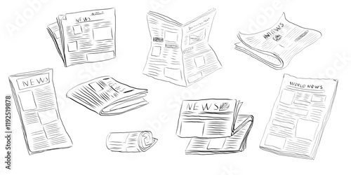Fresh newspaper hand drawn doodle, latest news, contour drawing, latest publishing. Sketchy news paper stack, local or world news.