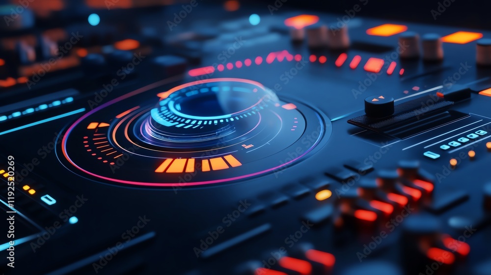 Advanced futuristic control panel, neon holograms, sleek cyberpunk style, 3D illustration Advanced futuristic control panel, neon holograms, sleek cyberpunk style, 3D illustration