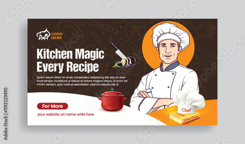 online chef cooking class horizontal banner and culinary training center web banner template with chef flat illustration, restaurant food banner design