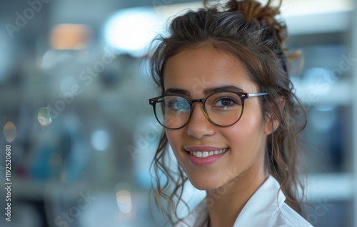 A young woman wearing glasses smiles in a bright, modern laboratory setting, exuding confidence and professionalism. photo