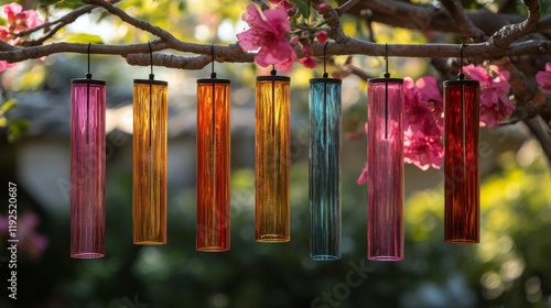 Wallpaper Mural Colorful glass flower wind chimes hanging under blooming branches at dusk Torontodigital.ca