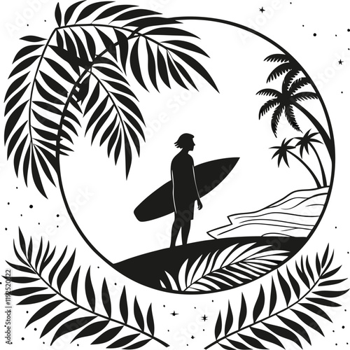Vintage Surfer Silhouette Tropical Beach Scene Retro Poster Illustration