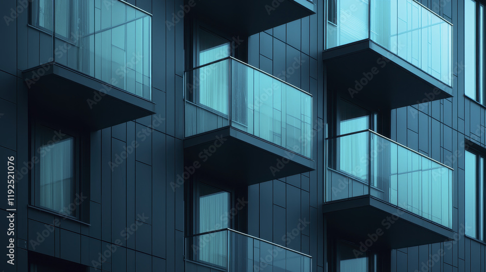 Modern apartment building with glass balconies and dark facade Modern apartment building with glass balconies and dark facade