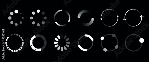 A versatile set of loading icons featuring spinning circles, geometric shapes, and progress indicators. Designed for modern apps, websites, and infographics, these vector elements convey motion