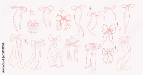 Delicate hand-drawn sketch set of various elegant bows in a minimalist linear style on a soft pastel background. Different ribbon shapes with flowing tails, decorative stars, and intricate textures 