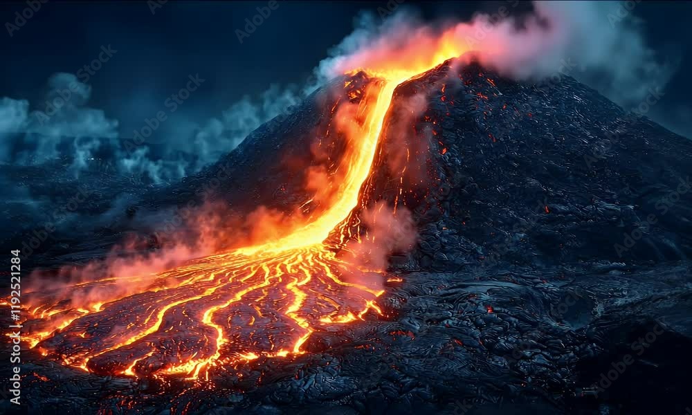 Fiery Lava Flowing Down a Volcano at Night Fiery Lava Flowing Down a Volcano at Night