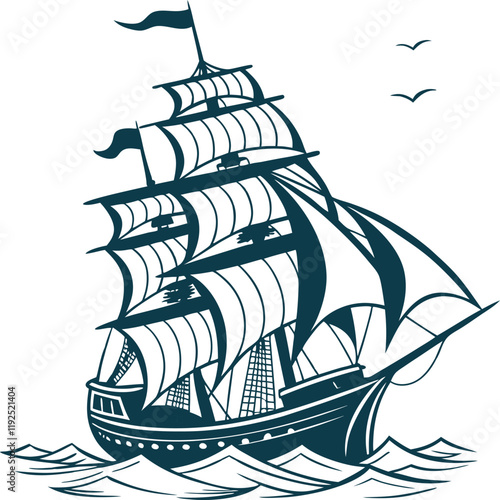 Vintage Sailing Ship with Billowing Sails Monochrome Vector Art