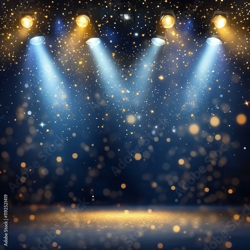 Cheer competition stage illuminated by golden spotlights and twinkling stars on a dark blue background.