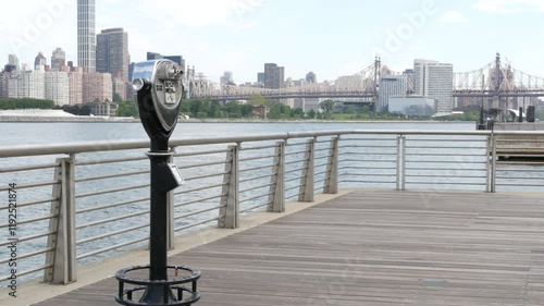 New York City waterfront skyline, Manhattan Midtown buildings, riverfront skyscrapers. Waterside cityscape, tower viewer, Gantry Plaza. Long Island, Queens. United States tourism. Queensboro bridge.