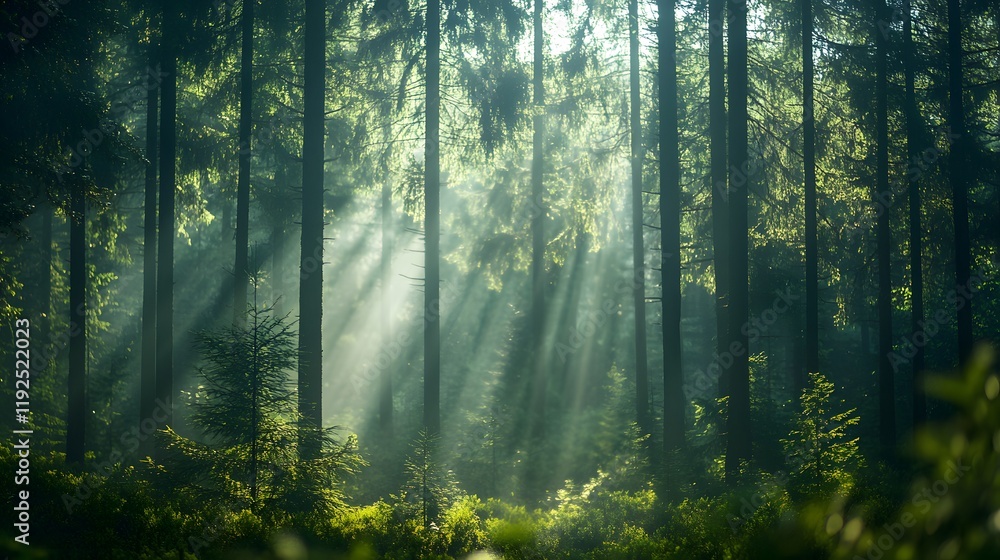 Sunbeams Illuminate Misty Forest Trees Sunbeams Illuminate Misty Forest Trees