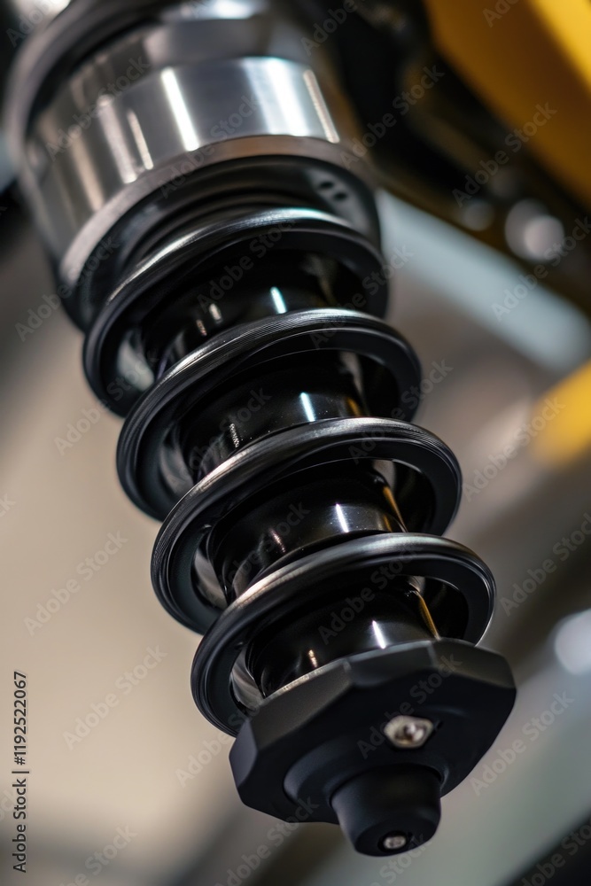 Close-up view of a motorcycle's shock absorber, useful for repair or maintenance purposes Close-up view of a motorcycle's shock absorber, useful for repair or maintenance purposes