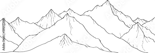 A vector illustration of a mountain silhouette drawing landscape outline framing the design