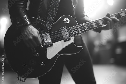 A person plays a guitar on a quiet background photo