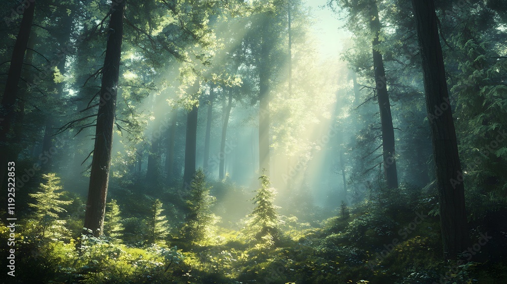 Sunbeams Illuminate Misty Forest Scene With Young Tree Sunbeams Illuminate Misty Forest Scene With Young Tree