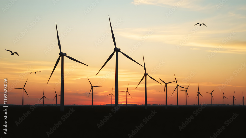 Sunset Wind Farm: Silhouetted wind turbines stand tall against a vibrant sunset, birds in flight adding a touch of serenity to this image of renewable energy. Sunset Wind Farm: Silhouetted wind turbines stand tall against a vibrant sunset, birds in flight adding a touch of serenity to this image of renewable energy.