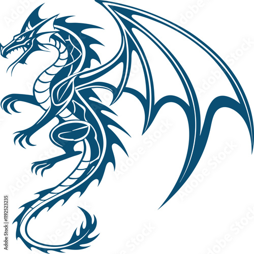 Tribal Dragon Illustration in Blue Silhouette with Detailed Wings and Spiked Tail
