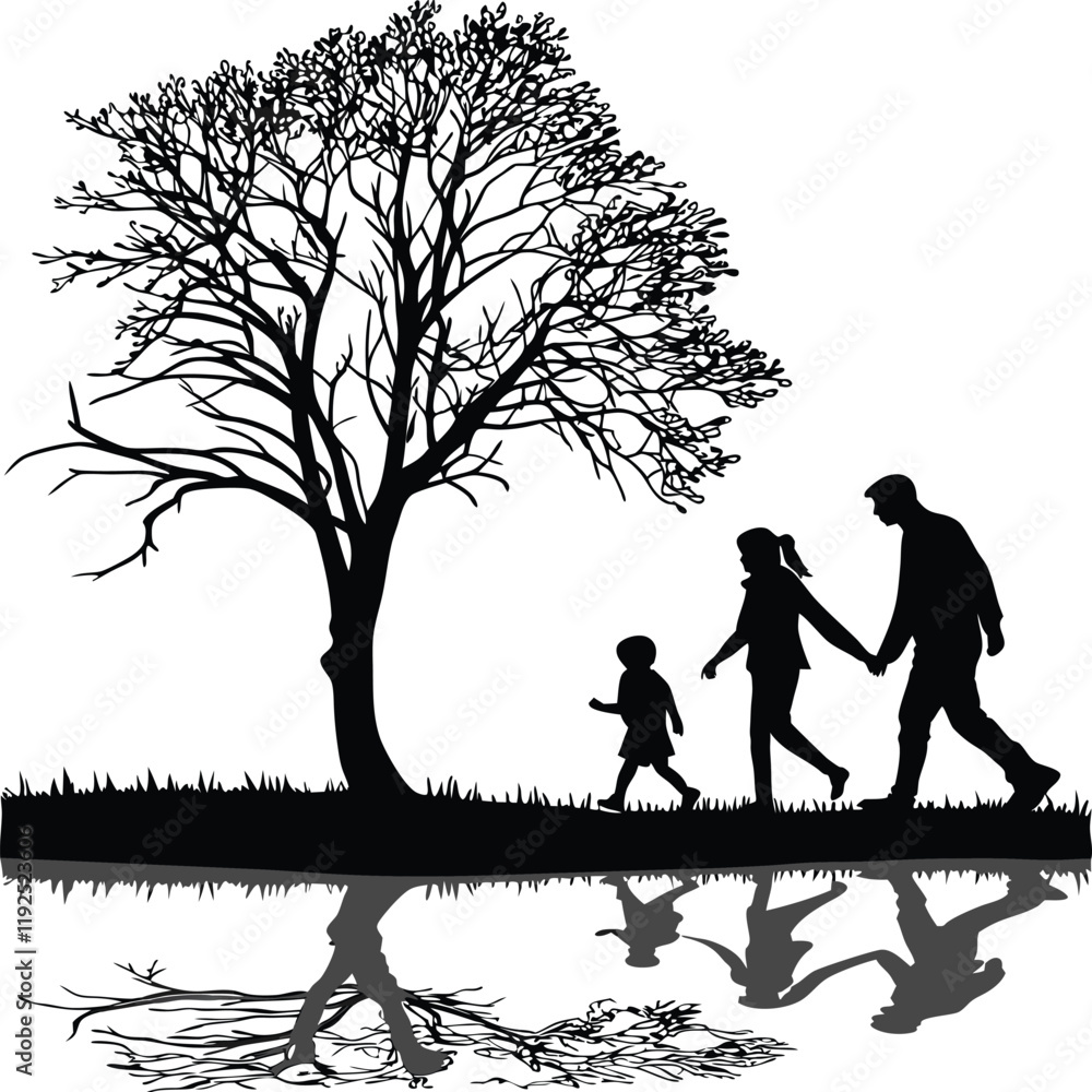 Minimalist Black and White Family Silhouette Walking Near Bare Tree with Reflection in Water Minimalist Black and White Family Silhouette Walking Near Bare Tree with Reflection in Water