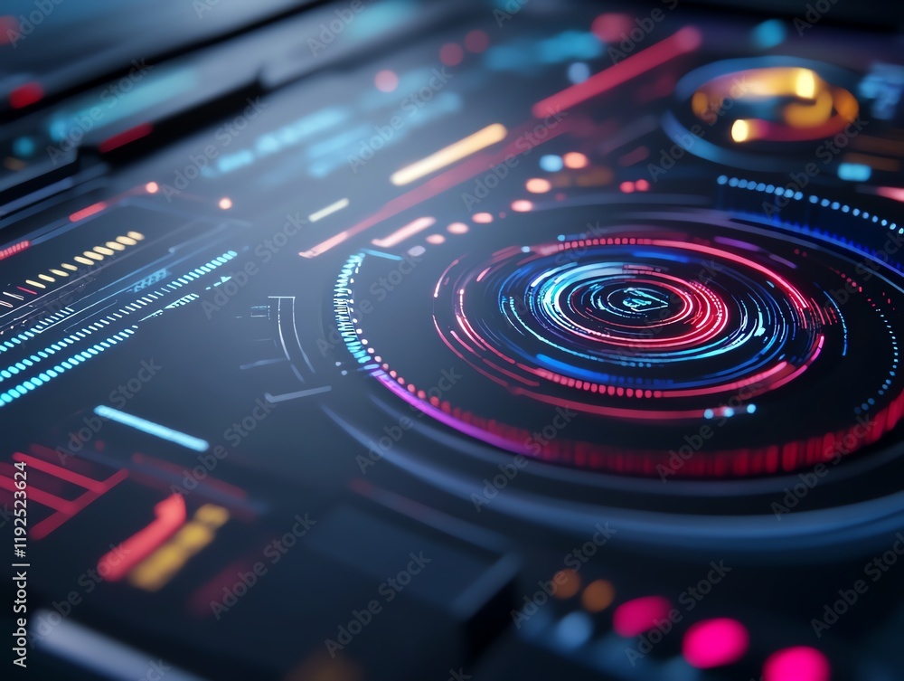 Holographic virtual screen, advanced digital layout, glowing neon elements, 3D illustration Holographic virtual screen, advanced digital layout, glowing neon elements, 3D illustration