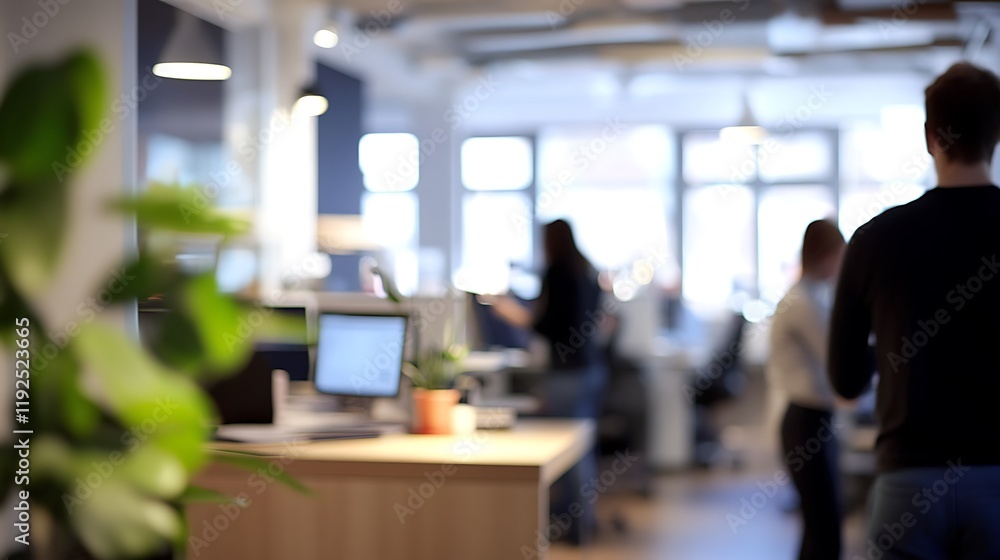Blurred modern office interior with employees working at desks and plants. Blurred modern office interior with employees working at desks and plants.