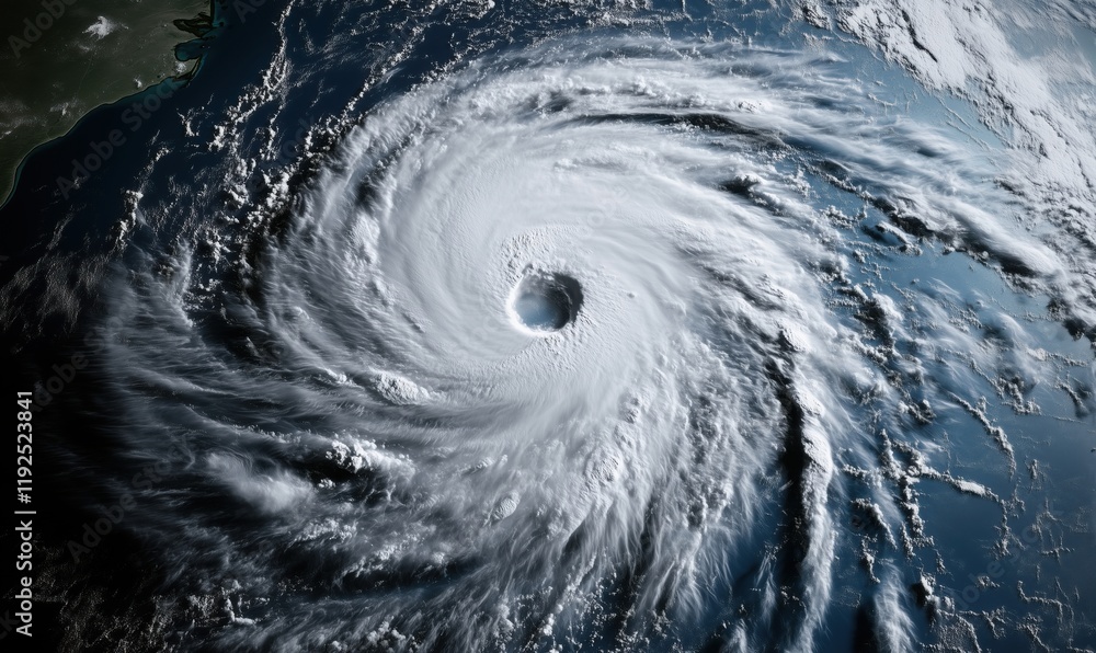 Hurricane swirling over ocean with distinct eye, showcasing powerful storm system and atmospheric dynamics Hurricane swirling over ocean with distinct eye, showcasing powerful storm system and atmospheric dynamics