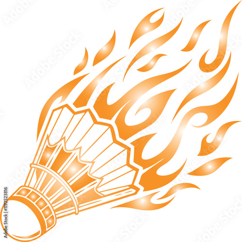 Flaming Badminton Shuttlecock with Fiery Orange Flames Dynamic Sports Illustration