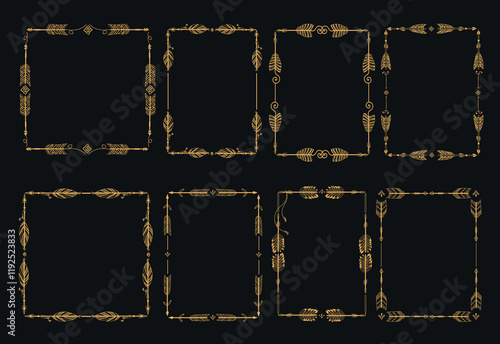 Golden arrows frames. Tribal native Indian elements. Decorative Boho square borders. Doodle hand drawn archery style. Ornate feather. Bowman weapon. Outline arrowhead. Splendid vector set