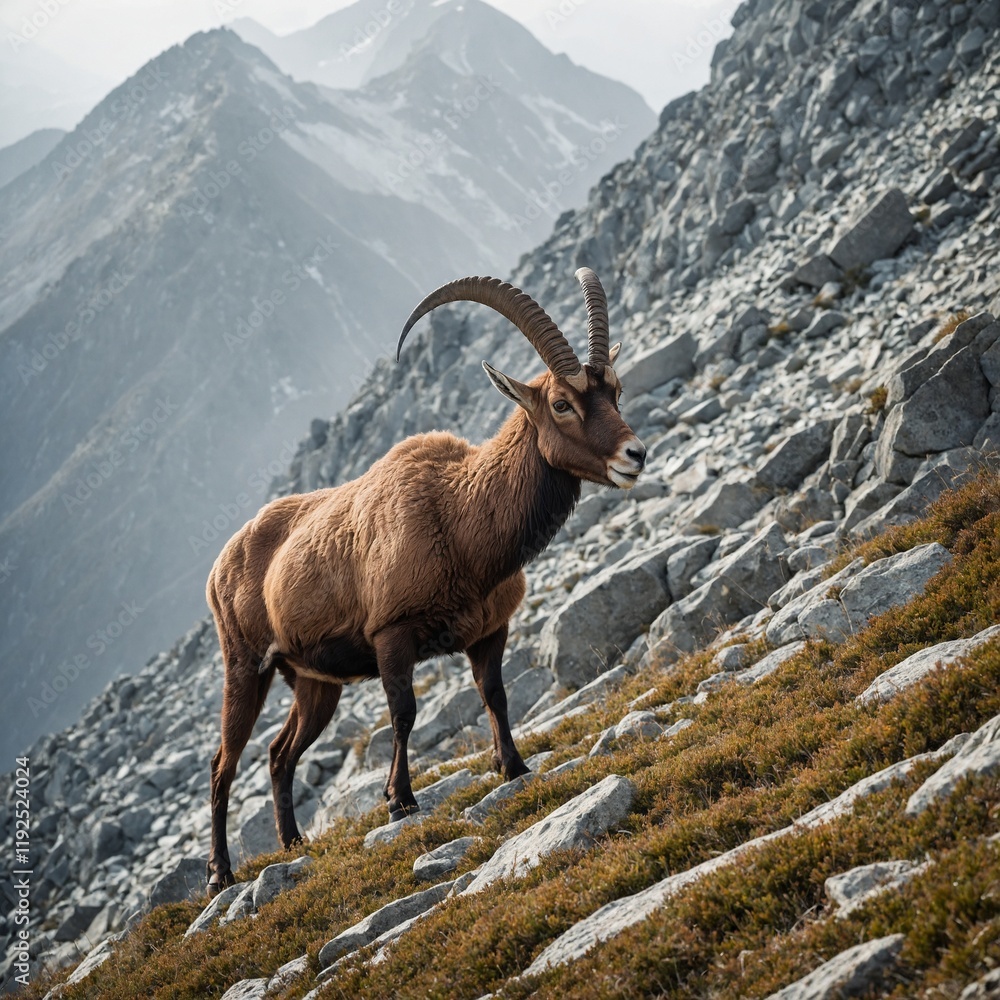 Ibex climbing a steep incline against a white background Ibex climbing a steep incline against a white background