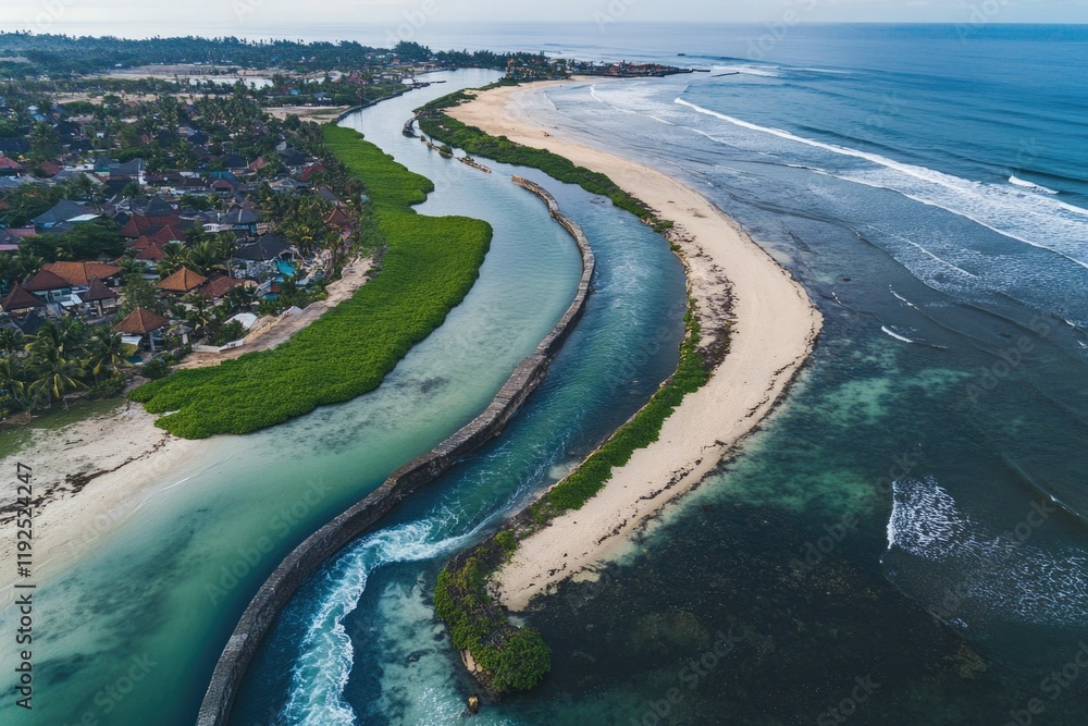 Fototapeta premium Aerial view of a beach and ocean with no people in sight, ideal for depicting isolation or serenity