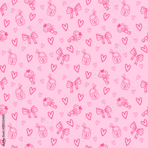 seamless pattern features pink doodles of hearts, bows, and lollipops on a light pink background, creating a cute and girly design perfect for Valentine's Day or romantic themes