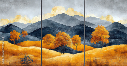 3-panel wall art set depicting yellow grass, trees, and hills in an abstract painting with a grey background