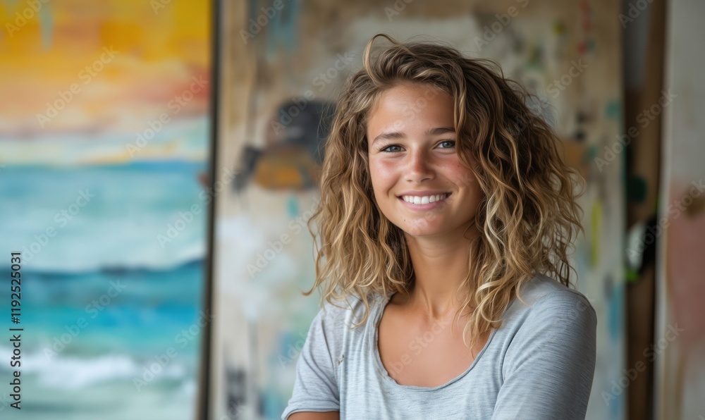 Smiling young woman with curly hair in artistic studio, vibrant background, showcasing creativity and joy Smiling young woman with curly hair in artistic studio, vibrant background, showcasing creativity and joy
