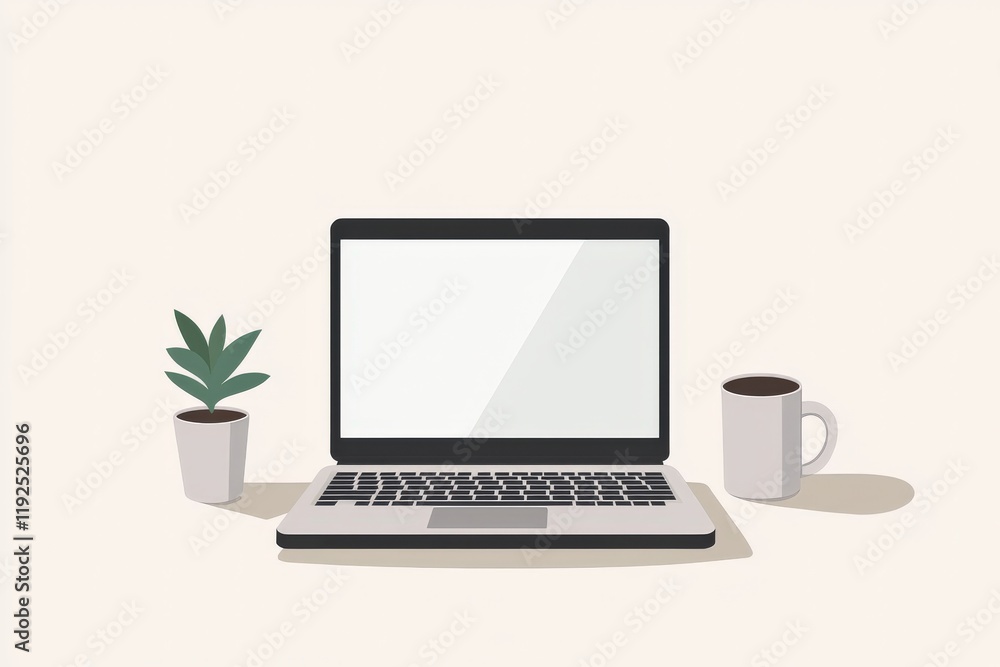 Fototapeta premium A minimalist home office with natural light, a laptop, and coffee mug, cozy and productive