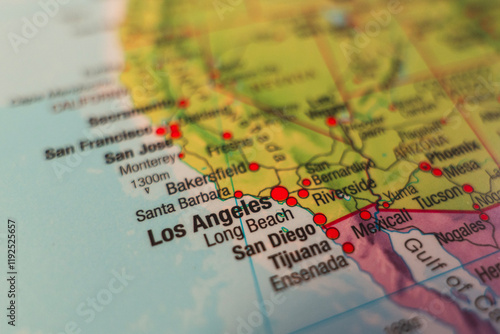 A close-up map of Southern California, showing major cities and transportation routes. Los Angeles city