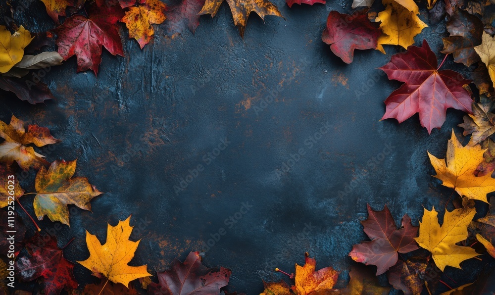 Autumn leaves arrangement on dark textured background, vibrant colors of red, orange, yellow, and brown, seasonal decor, nature's beauty Autumn leaves arrangement on dark textured background, vibrant colors of red, orange, yellow, and brown, seasonal decor, nature's beauty
