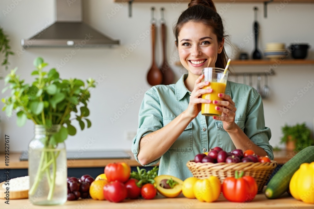 A cheerful woman is preparing a healthy smoothie in her kitchen, filled with fresh fruits and vegetables. Bright colors and kitchen utensils create a lively and inviting cooking space A cheerful woman is preparing a healthy smoothie in her kitchen, filled with fresh fruits and vegetables. Bright colors and kitchen utensils create a lively and inviting cooking space