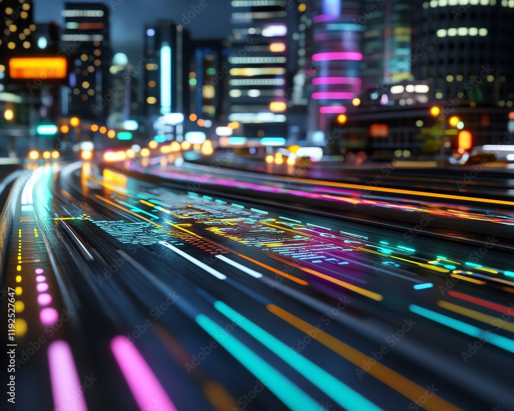 A glowing city grid overlay with holographic neon skyscrapers, moving pixelated vehicles, and vibrant retro data visuals A glowing city grid overlay with holographic neon skyscrapers, moving pixelated vehicles, and vibrant retro data visuals