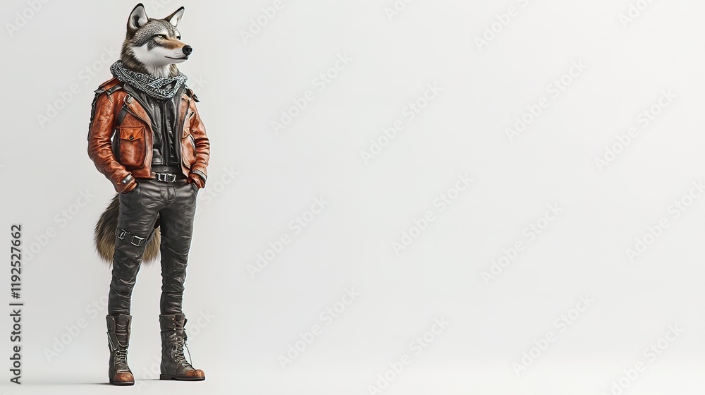 Anthropomorphic wolf in leather jacket and boots against white background. Anthropomorphic wolf in leather jacket and boots against white background.