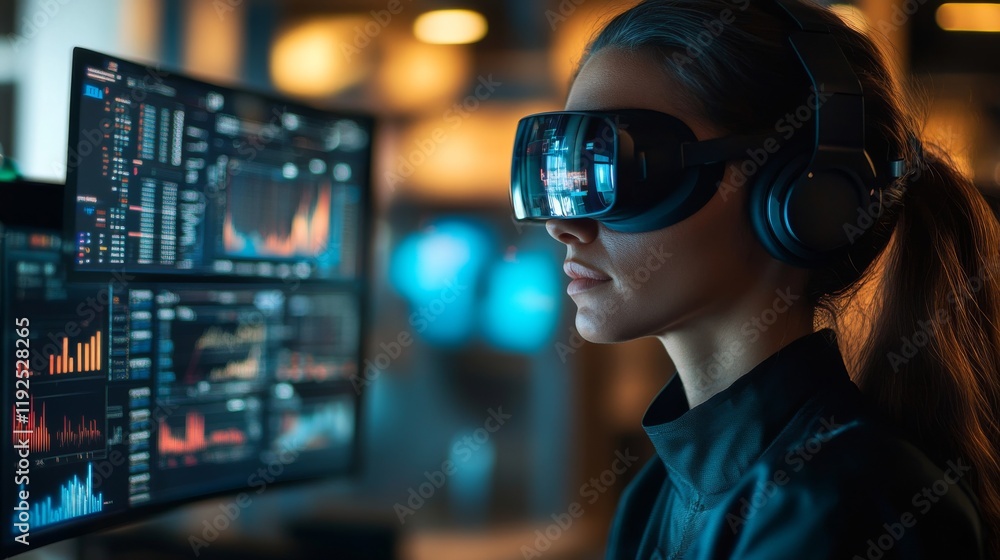 Immersive technology experience vr gaming modern office digital content creation futuristic setting close-up view innovation Immersive technology experience vr gaming modern office digital content creation futuristic setting close-up view innovation