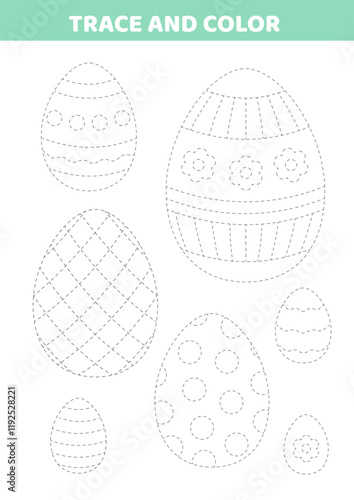 Trace and color. Easter eggs. Handwriting practice. Activity for kids. Education for toddler. Preschool or kindergarten handwriting practice. Isolated vector illustration eps 10