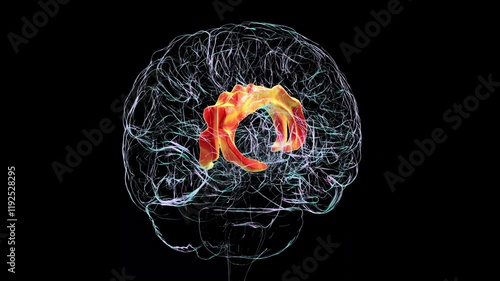 Cingulate gyrus, involved in emotion regulation, decision-making, and linked to depression, anxiety, and obsessive-compulsive disorder, highlighted in human brain, 3D animation.