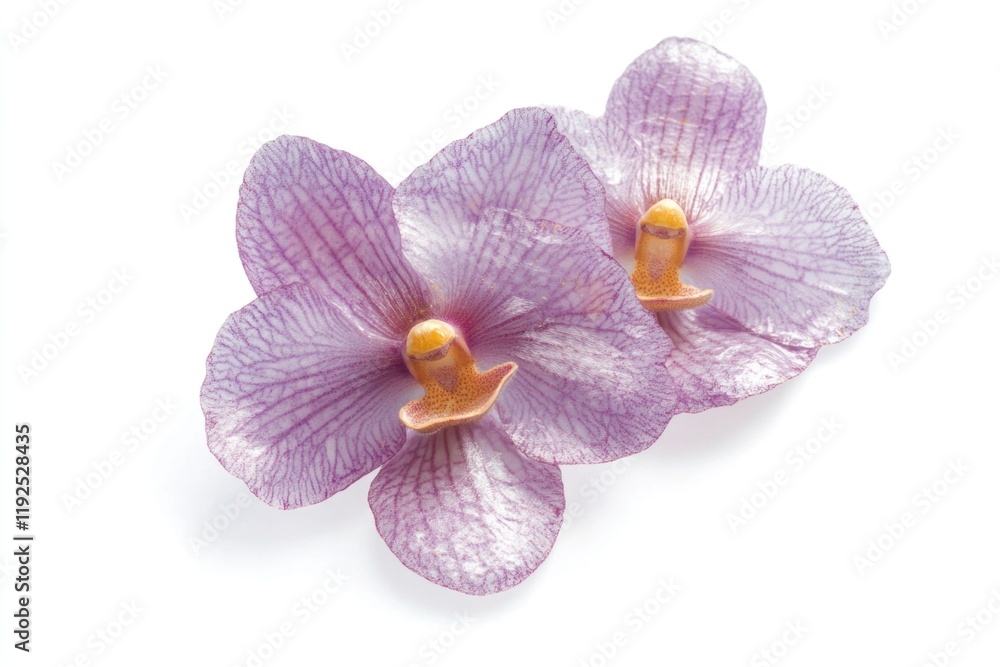 A pair of purple flowers sit on a white surface, perfect for use in branding or design projects A pair of purple flowers sit on a white surface, perfect for use in branding or design projects