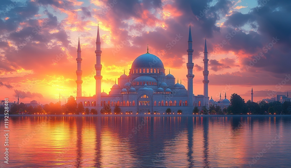 Naklejka premium Majestic Mosque at Sunset Reflected in Water